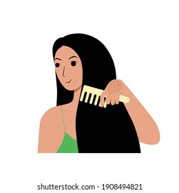 Beautiful young dark haired woman combing her long loose hair. Daily self care routine. Brunette character with Indian ethnic mehendi pattern on hand. Stock vector flat illustration isolated on white.