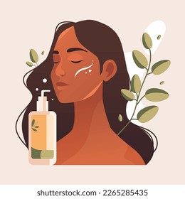 Beautiful young dark skin woman applying natural eco cosmetic product on face. Woman and green plant. Skin care banner. Skincare routine, mask . Vector illustration. Cleansing and moisturizing.