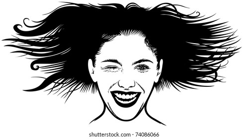 Beautiful young, with disheveled hair, the woman laughs. Illustrator 8.