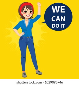 Beautiful young empowered woman wearing blue shirt and jeans with fist up attitude we can do it balloon text