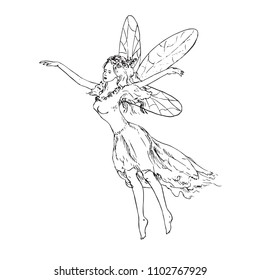 Beautiful young fairy dancing and flying in wind, hand drawn outline doodle sketch, black and white vector illustration