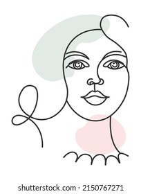 Beautiful young female character portrait of girl, isolated teenager with feminine face. Abstract picture for beauty salon. Minimalist drawing, sketch with watercolor blot. Vector in flat style