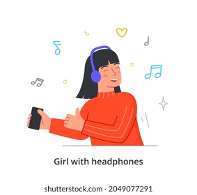 Beautiful young female character is singing along as listening to her favoutite song on white background. Concept of people enjoy listening to various kinds of music. Flat cartoon vector illustration