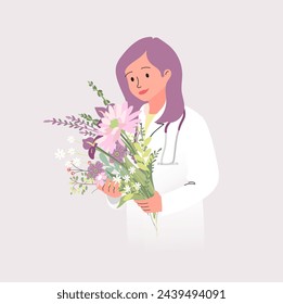 Beautiful young female docotr holding a bouquet of flowers. Nurse, Medical Worker day concept. Vector illustration.