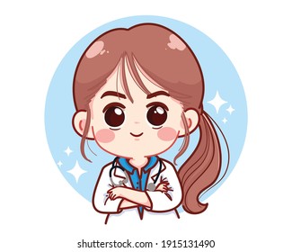 Beautiful young female doctor Crossed arms cartoon illustration