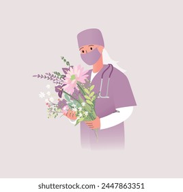 Beautiful young female doctor in mask holding a bouquet of flowers. Nurse, Medical Worker day concept. Vector illustration.