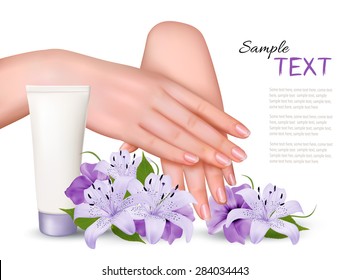 Beautiful young female hands with a cream and purple flowers. Vector.