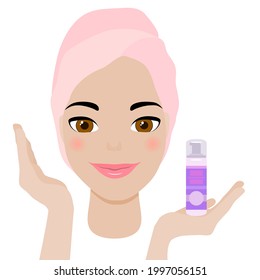 Beautiful young female model shows spa cosmetic product on the open palm of her hand.  The face of a lovely smiling beauty girl with clean fresh healthy skin.  Happy cute fashionable lady