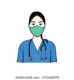 Beautiful Young Female Nurse Wearing Surgical Mask, Healthy Mask Illustration, Vector Design Template