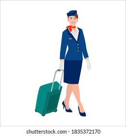 Beautiful young flight attendant with luggage in flat style on a white background.Profession Stewardess in blue uniform. Vector illustration
