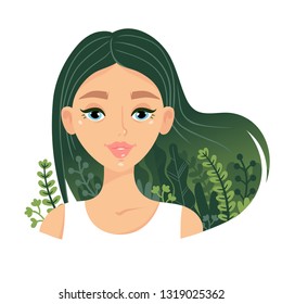 Beautiful young and fresh women character portrait. Green grass spring blooming fantasy illustration. Long hair, clear skin, big eyes sweet girl.