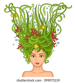 Beautiful young girl with abstract wavy hair. Woman-mermaid. Vector colorful illustration for print. 