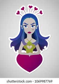 beautiful young girl with bezel with small hearts, blue hair, heart on cheek, relies on big pink heart, illustration in modern flat design with white stroke