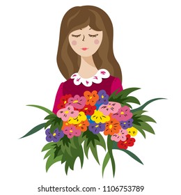 Beautiful young girl with a big bouquet of flowers