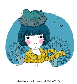Beautiful young girl and a bird in a nest. Hand drawing isolated objects on white background. Vector illustration. 