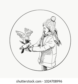 Beautiful young girl and bird. Winter. Hand drawn vector illustration.