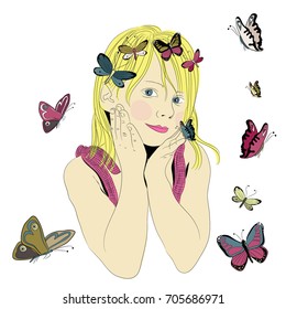 Beautiful young girl with blond hair and pink lips with colorful butterflies flying around. Vector illustration on white background