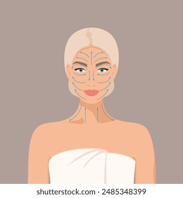  Beautiful young girl, blonde woman taking care of her facial skin. Woman's face with massage lines indicated by arrows, gua sha. Vector flat cartoon illustration EPS10

