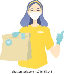 Beautiful young girl with blue hair in a mask and gloves is handing over a package with delivery. Order food at home. Isolated against white background, yellow blue design.