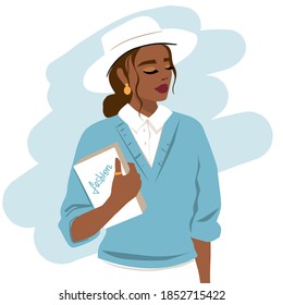 Beautiful young girl with a book and hat. Vector flat style illustration. Portrait of a fashion girl