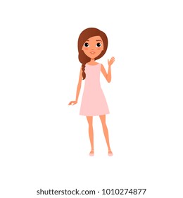 Beautiful young girl with brown hair wearing little pink dress and sandals. Cartoon teenager character standing and waving by hand. Colorful flat vector design