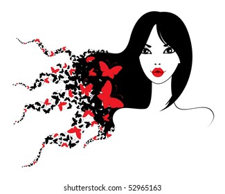 beautiful young girl with butterflies in hairs. Beautiful vector illustration.