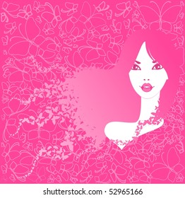 beautiful young girl with butterflies in hairs. Beautiful vector illustration.