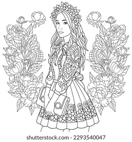 Beautiful young girl, butterflies and peony flowers. Adult coloring book page with a floral wreath on the background