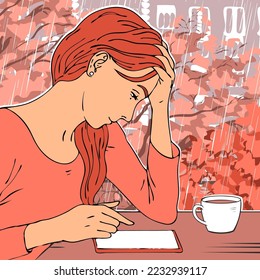 Beautiful young girl in the cafe. Girl looking at smartphone. A cup of coffee on the table. Outside the window the autumn city and rain. Cartoon vector art colorful illustration. Hand drawn style