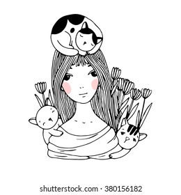 Beautiful young girl, cats and tulips. Hand drawn vector on a white background. Coloring book.