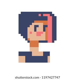 Beautiful young girl character. Avatar, female portrait, profile picture. Fashionable haircut. Pixel art. Flat style. Hairdresser's logo. Game assets. 8-bit. Isolated vector illustration.