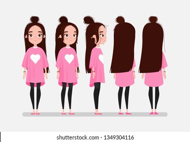 Beautiful young girl character turnaround. Girl with long dark hair in pink t-shirt. Animation character design