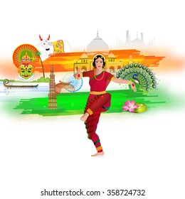 Schönes junges Mädchen in klassischem Tanz Pose mit Blick auf verschiedene indische Kulturen für Happy Republic Day Feier.