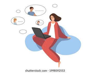 A beautiful young girl communicating remotely with people over the Internet. Suitable for illustrating video conferencing, friendly communication, remote work and the like.
Flat cartoon illustration -