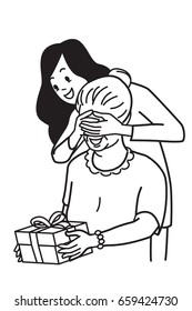 Beautiful young girl covering her mom'e eyes with both hands to surprise mother by giving special gift box. Vector illustration character, hand draw and sketch design, black and white outline style.