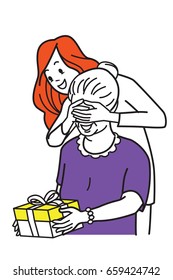 Beautiful young girl covering her mom'e eyes with both hands to surprise mother by giving special gift box. Vector illustration character, hand draw and sketch design, outline style. 