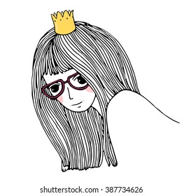 Beautiful young girl with a crown. Hand drawing isolated objects on white background. Vector illustration. 
 