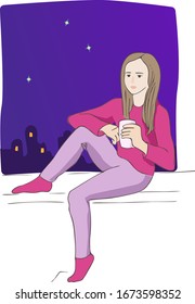 Beautiful young girl with cup
of coffee in hands sits at open window with night city on background. Comfort at home. Lifestyle illustration - vector