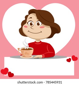 Beautiful young girl with cup of coffee. Postcard Valentine's day