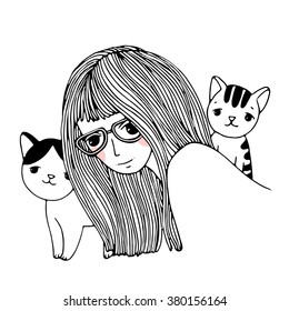 Beautiful young girl and a cute little cats. Hand drawn vector on a white background. Coloring book.