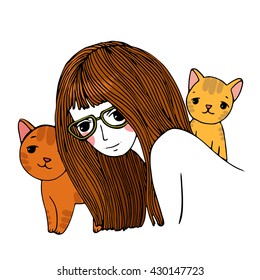 Beautiful young girl and a cute little cats. Hand drawn vector on a white background. 