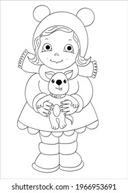Beautiful young girl and a cute pug. Hand drawing isolated objects on white background. Vector illustration. Coloring book. 