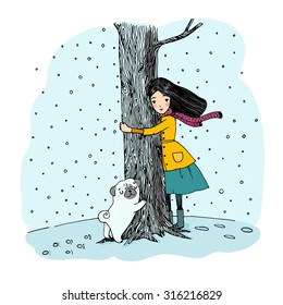 Beautiful young girl and a cute pug on a white background. Hand drawn vector