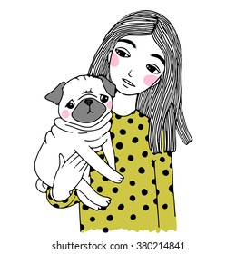 Beautiful young girl and a cute pug. Hand drawing isolated objects on white background. Vector illustration. 