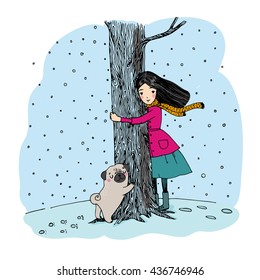 Beautiful young girl and a cute pug on a white background. Hand drawn vector.