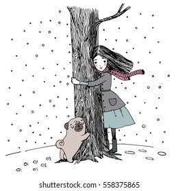 Beautiful young girl and a cute pug on a white background. Hand drawn vector