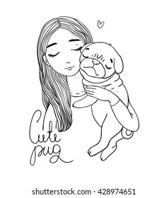 Beautiful young girl and a cute pug.Pets. Hand drawing isolated objects on white background. Vector illustration. Coloring book. 