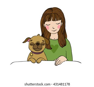 Beautiful young girl and a cute pug.Pets. Hand drawing isolated objects on white background. Vector illustration. 