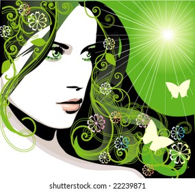 Beautiful young girl with decorative thick long hair on green sunny background. Spring background with flowers and leaves. Vector woman face