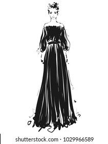Beautiful young girl for design. Fashion model sketch drawing. Black long dress.